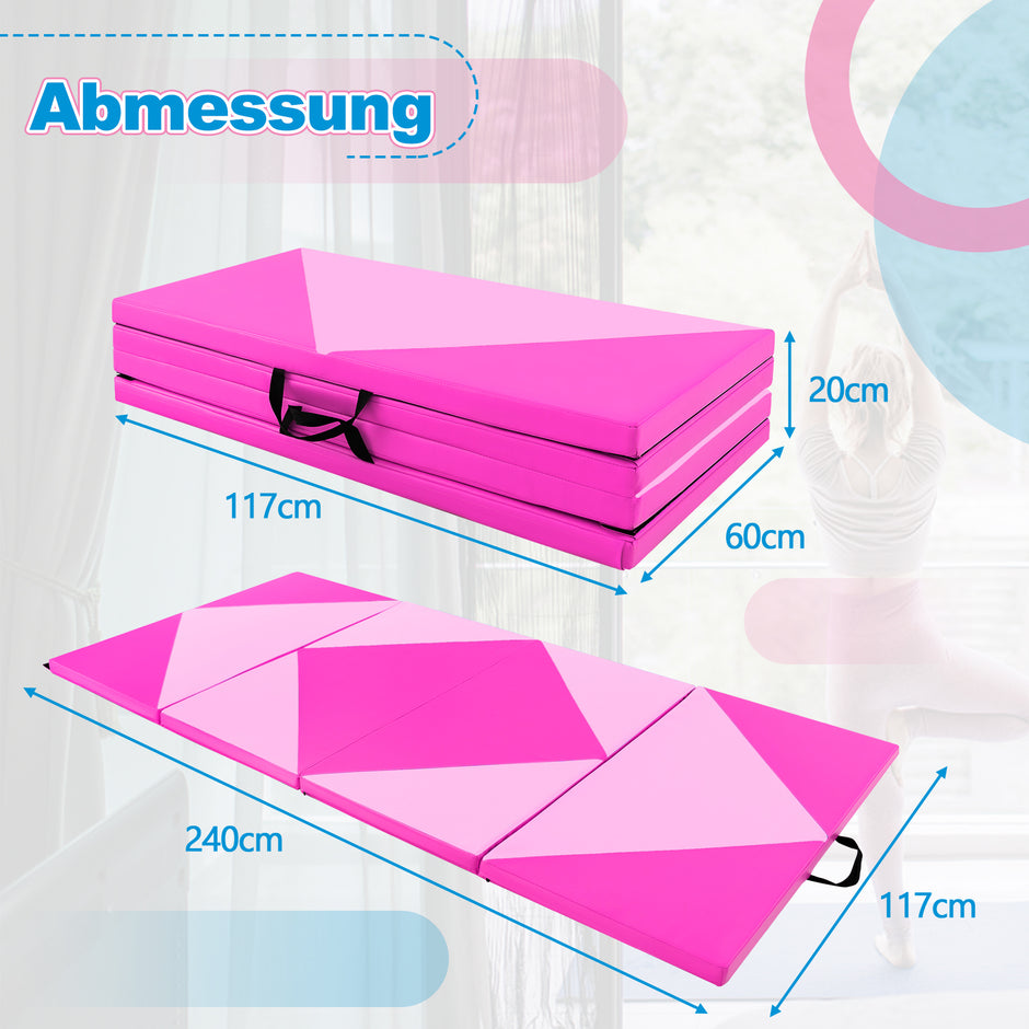 Lång – vikbar gymnastikmatta stor sportmatta i PU läder med kardborreband – 240 cm x 117 cm x 5 cm – Hot Pink
