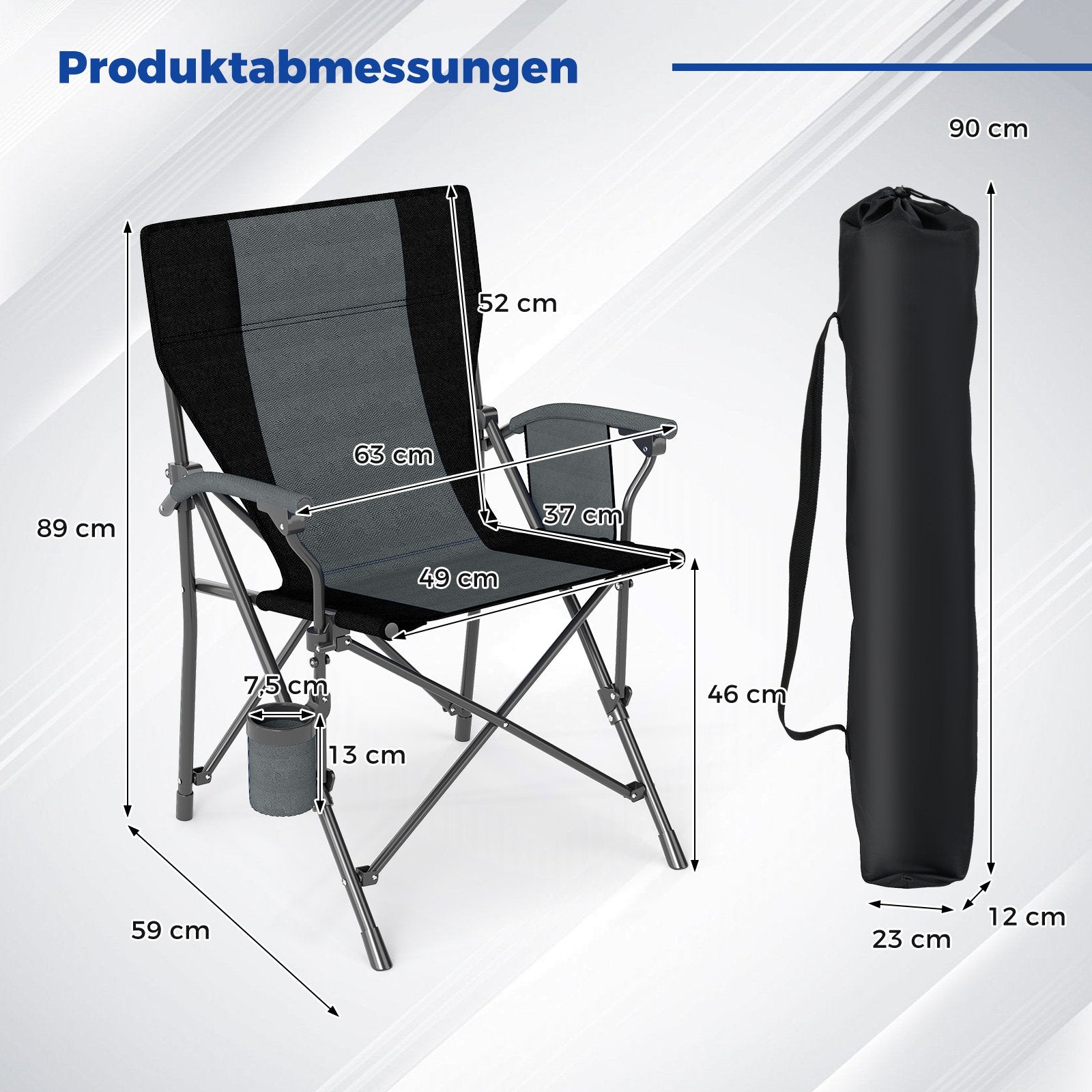 Fällbar – campingstol med kopphållare och sidoficka, fiskestol bärförmåga – 2 x 160 kg – Svart