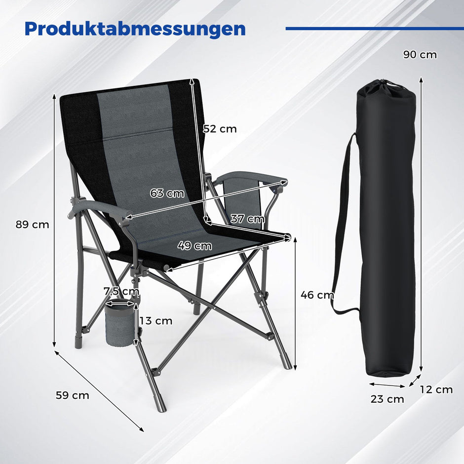 Fällbar – campingstol med kopphållare och sidoficka, fiskestol bärförmåga – 2 x 160 kg – Svart