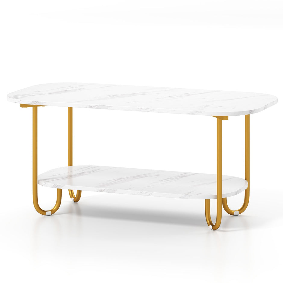 Soffbord – med faux marmorskiva vånings modernt tebord robust metallram – 2 100 x 50 x 45 cm – Vit