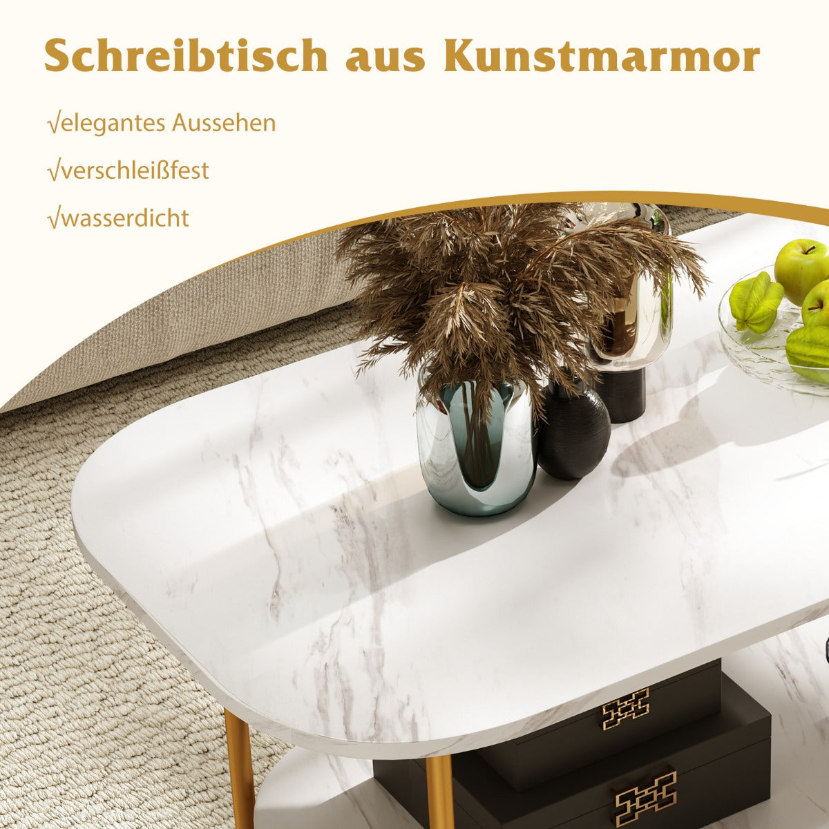 Soffbord – med faux marmorskiva vånings modernt tebord robust metallram – 2 100 x 50 x 45 cm – Vit