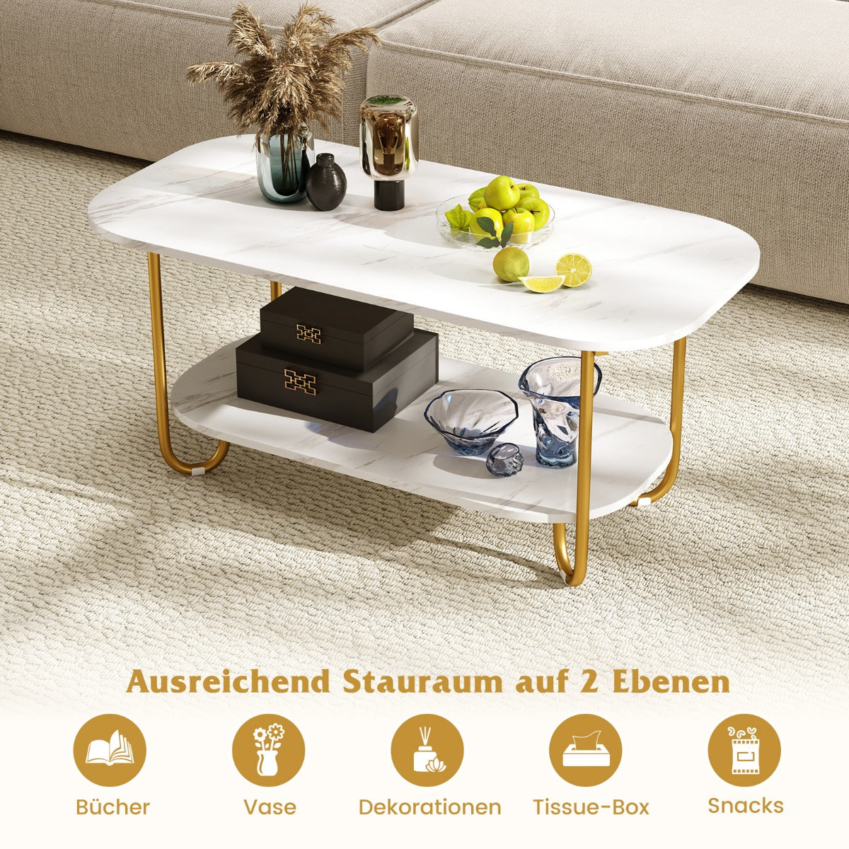 Soffbord – med faux marmorskiva vånings modernt tebord robust metallram – 2 100 x 50 x 45 cm – Vit
