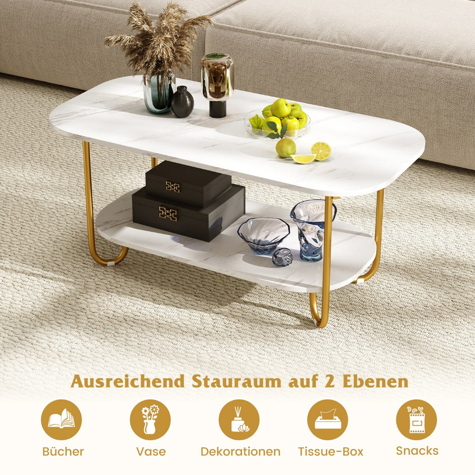 Soffbord – med faux marmorskiva vånings modernt tebord robust metallram – 2 100 x 50 x 45 cm – Vit