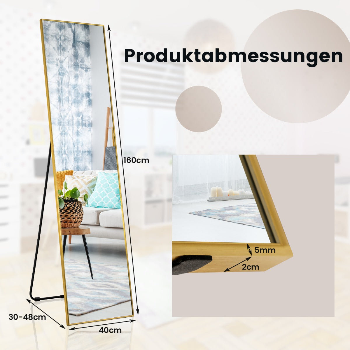 Helspegel – i stående och väggspegel gjord av spricksäker glasguld – 2 1 160 x 40 cm – Guld