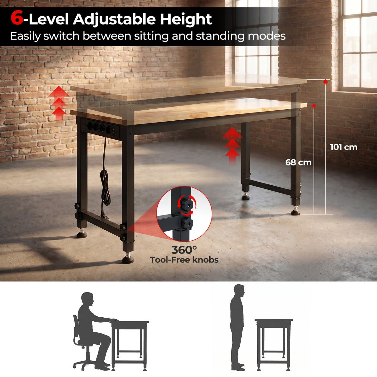 Tung – last arbetsbänk höjdjusterbart arbetsbord med metallram, hålvägg och eluttag – 122 cm – Natur