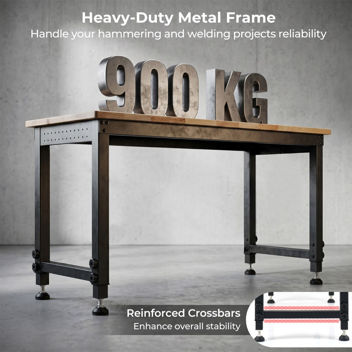 Tung – last arbetsbänk höjdjusterbart arbetsbord med metallram, hålvägg och eluttag – 122 cm – Natur