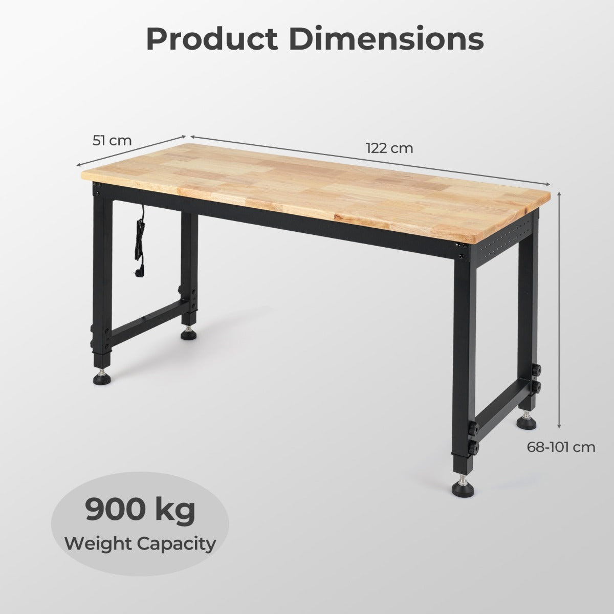 Tung – last arbetsbänk höjdjusterbart arbetsbord med metallram, hålvägg och eluttag – 122 cm – Natur