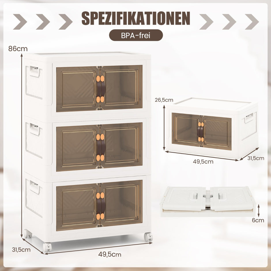 Set – med stapelbara förvaringslådor lock och hjul dörrar – 3 49,5 x 31,5 x 86 cm – Vit