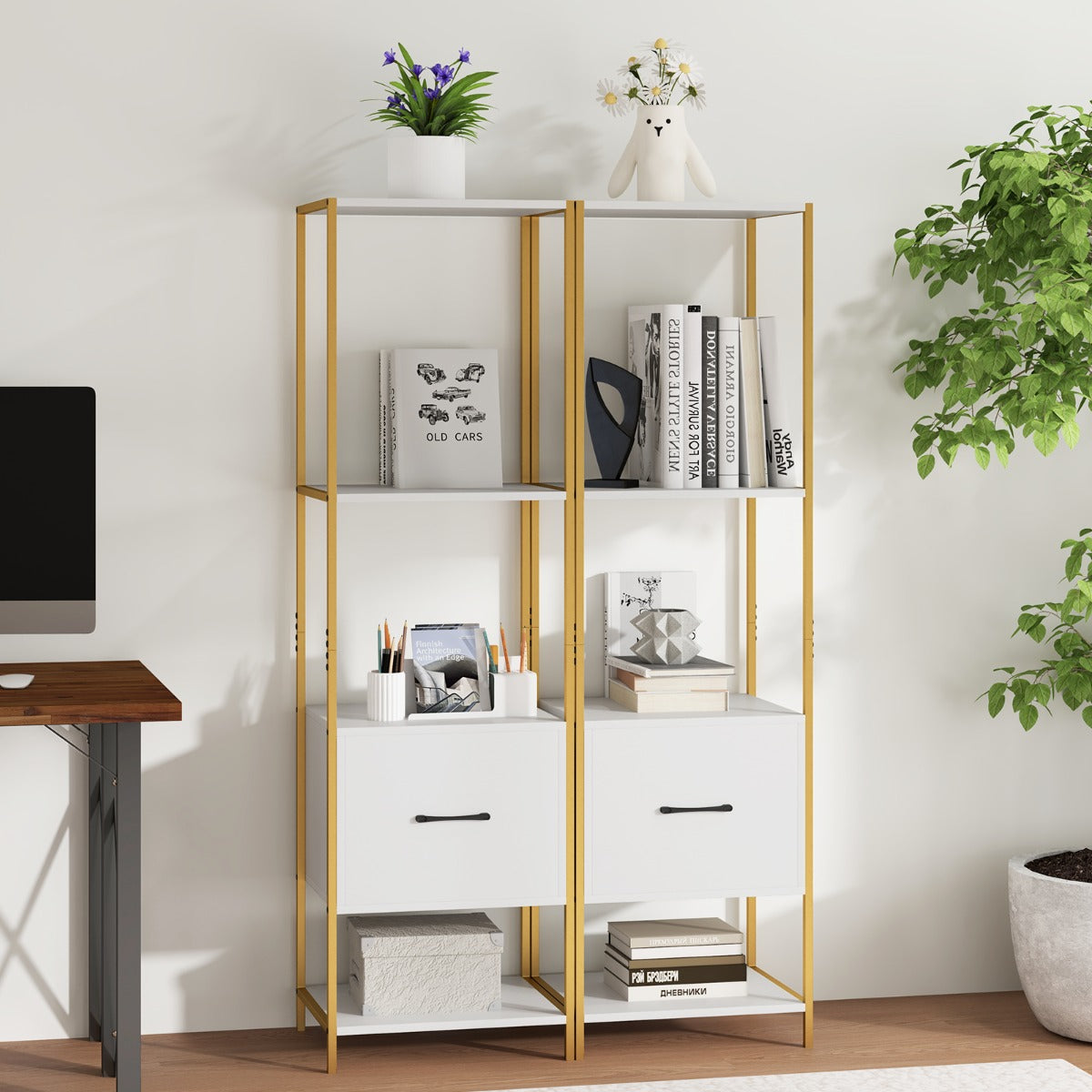 vånings – bokhylla med låda och metallram Modern stående – 5 – Vit
