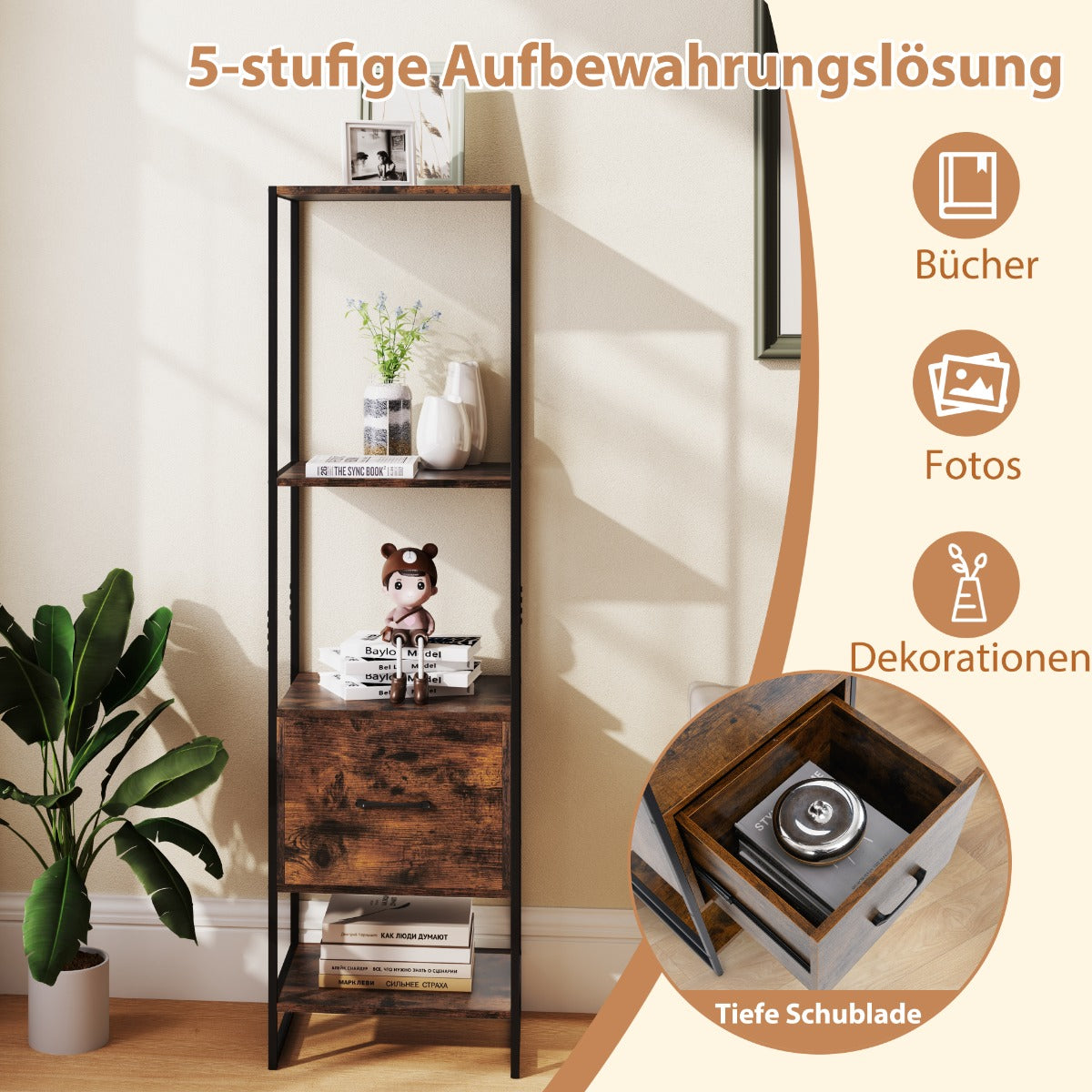 vånings – bokhylla med låda och metallram Modern stående – 5 – Brun