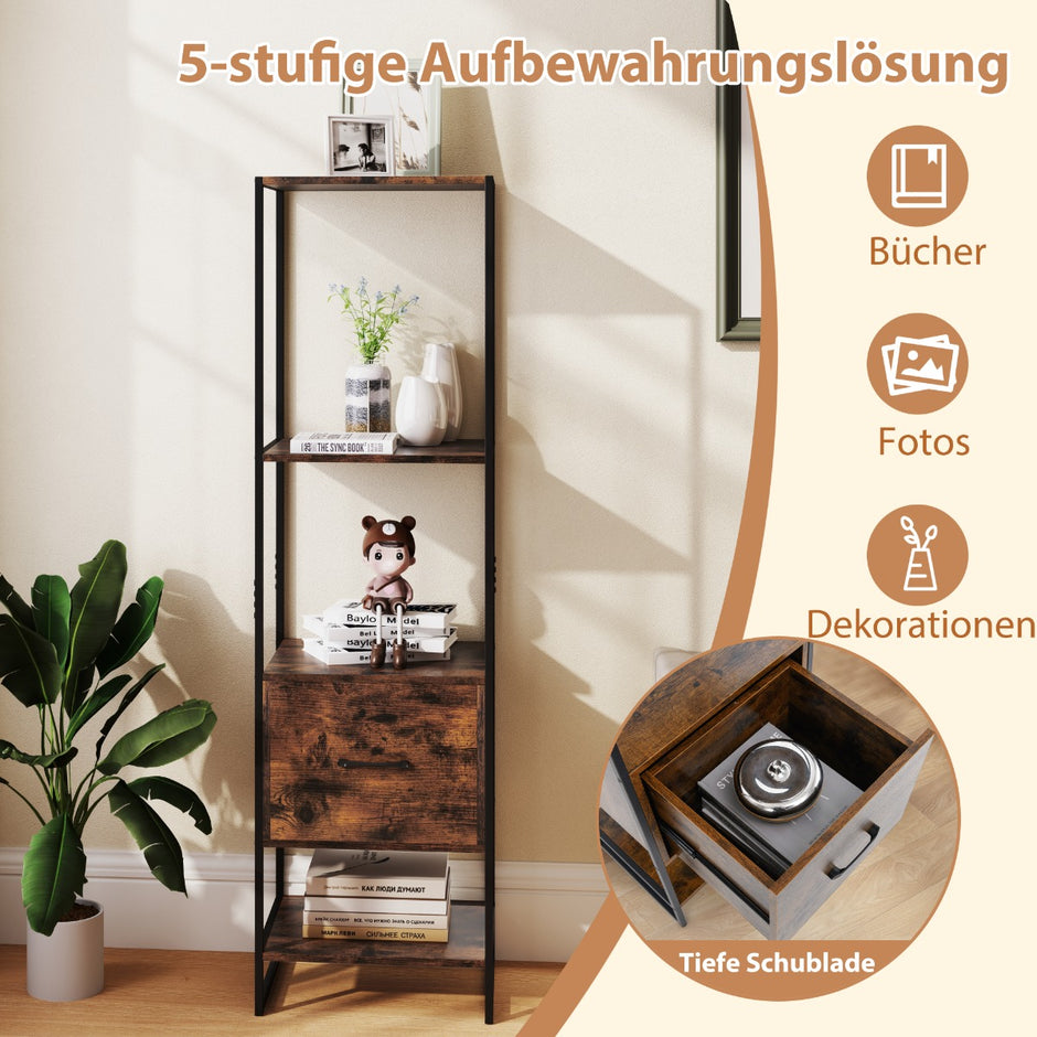 vånings – bokhylla med låda och metallram Modern stående – 5 – Brun