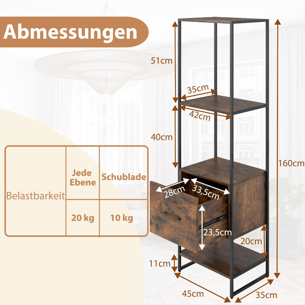 vånings – bokhylla med låda och metallram Modern stående – 5 – Brun