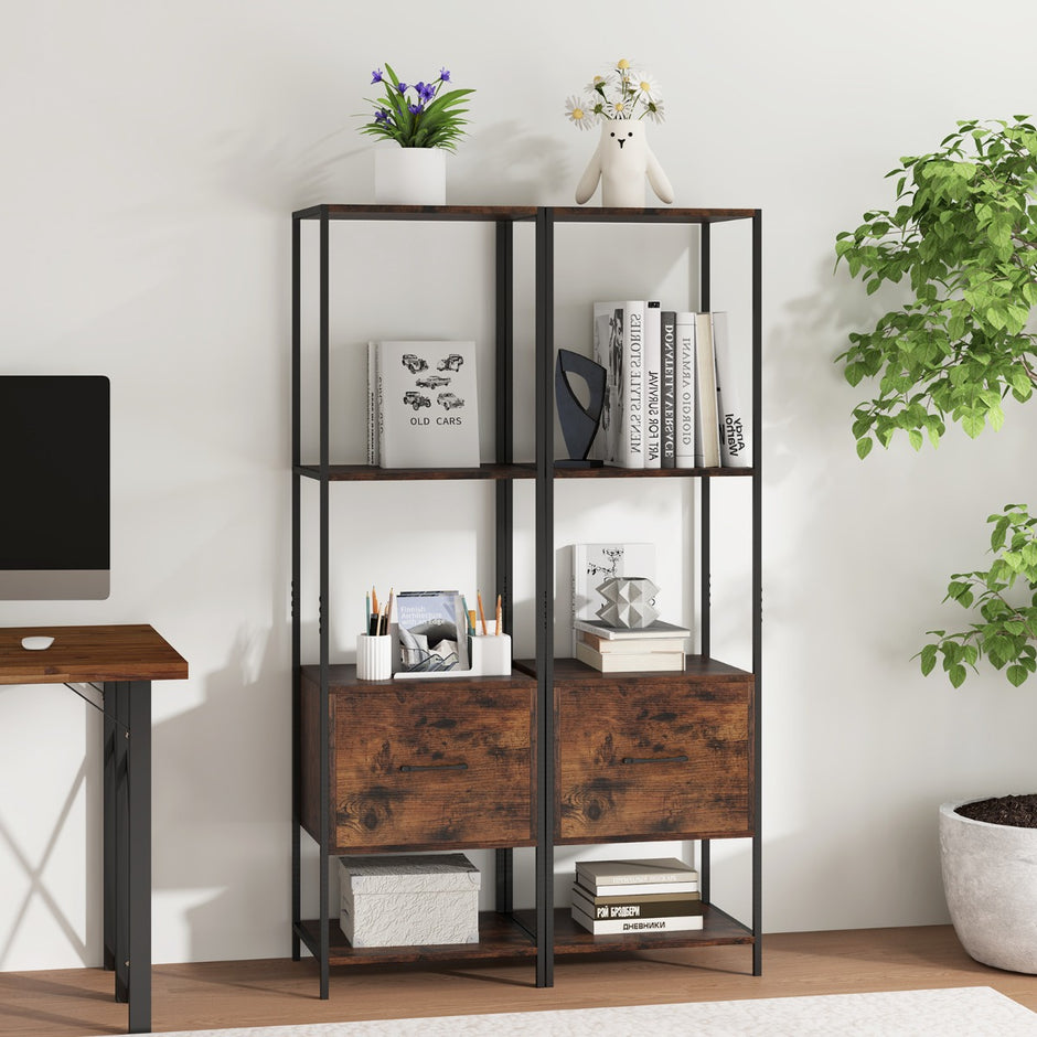 vånings – bokhylla med låda och metallram Modern stående – 5 – Brun