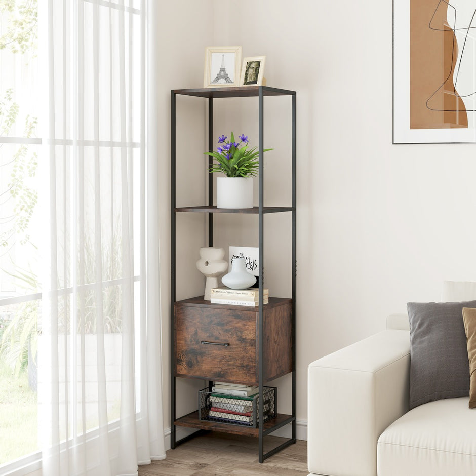 vånings – bokhylla med låda och metallram Modern stående – 5 – Brun