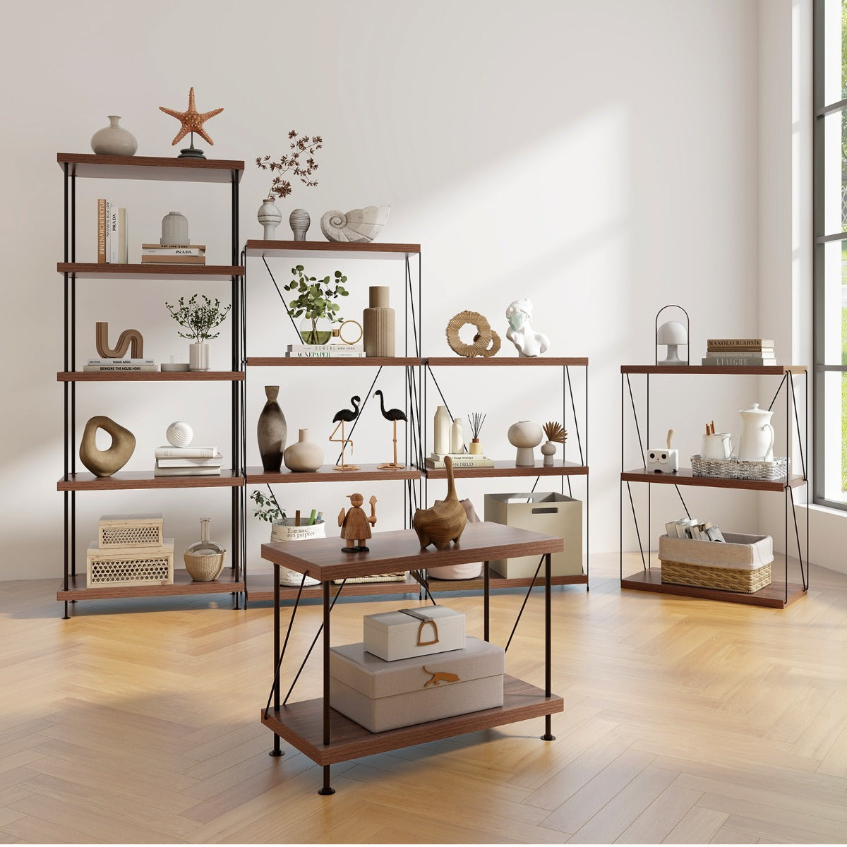 vånings – stående hylla med metallram Industriell Förvaringsställ – 3 60 x 29,5 x 82 cm – Brun
