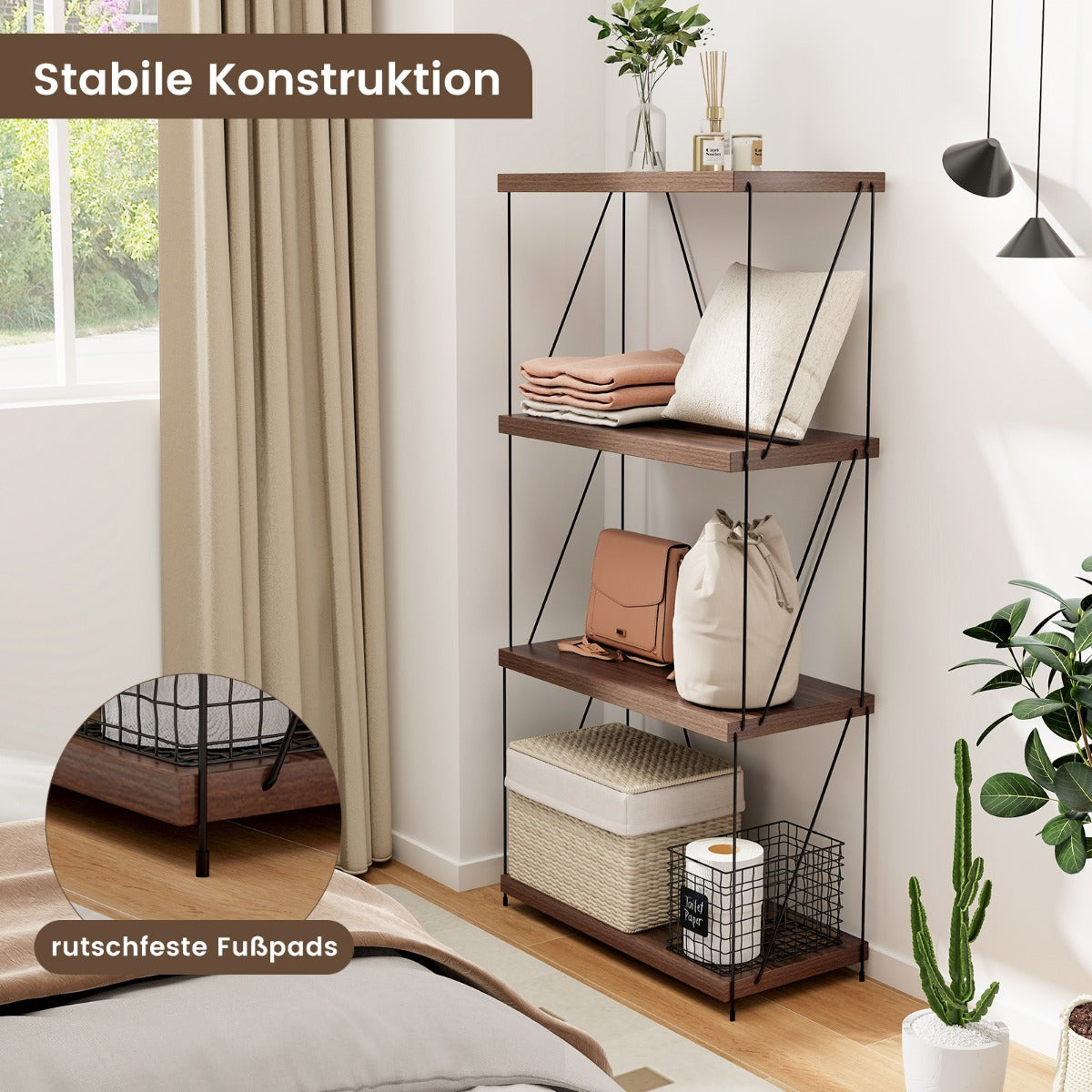 vånings – stående hylla med metallram Industriell Förvaringsställ – 4 60 x 29,5 x 105 cm – Brun