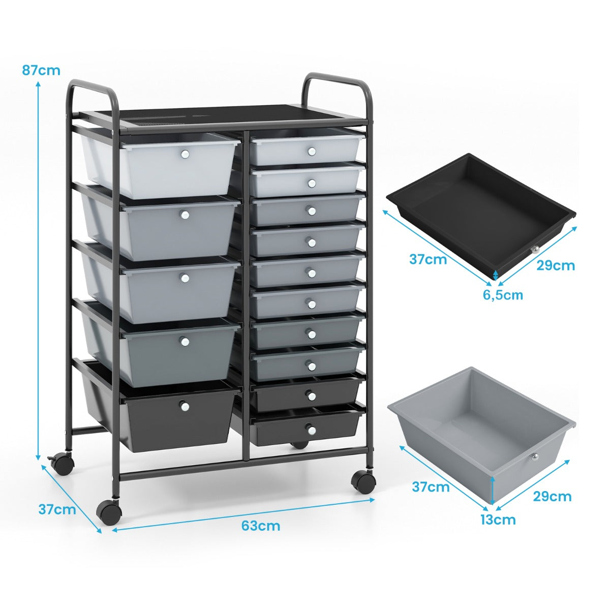 Vagn – med stapelbara lådor Rullbehållare Svart – 15 15 62,5 x 37 x 87 cm – Blandad svart