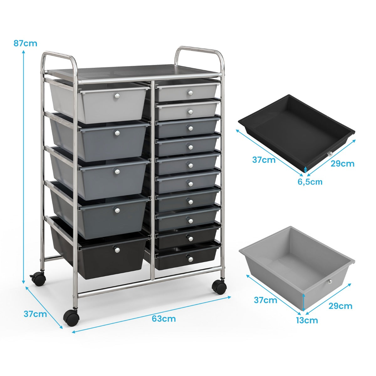 Vagn – med stapelbara lådor Rullbehållare – 15 15 62,5 x 37 x 87 cm – Silver