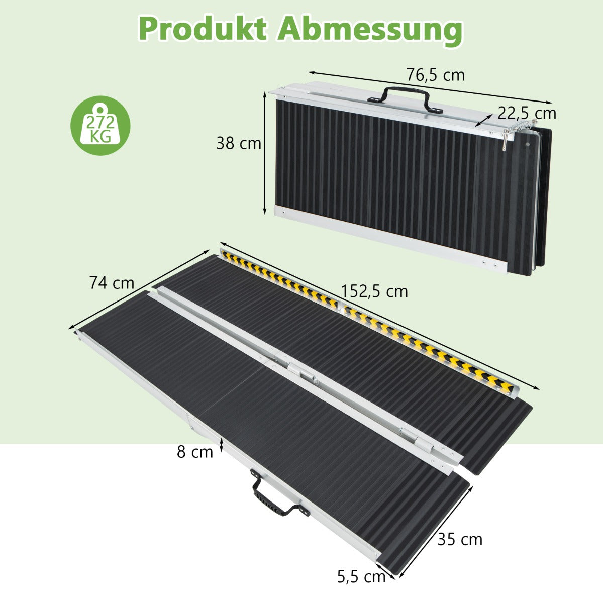 Rullstolsramp – Bärbar och Halkskyddad hopfällbar upp till Lastkapacitet aluminium – 272 kg 152,5 x 74 cm – Svart