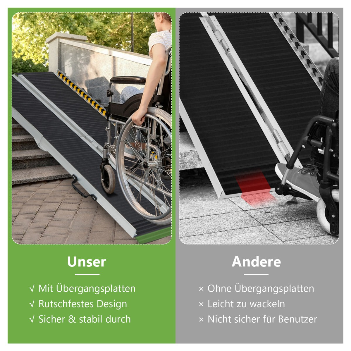 Rullstolsramp – Bärbar och Halkskyddad hopfällbar upp till Lastkapacitet Aluminium – 272 kg 183 x 74 cm – Svart