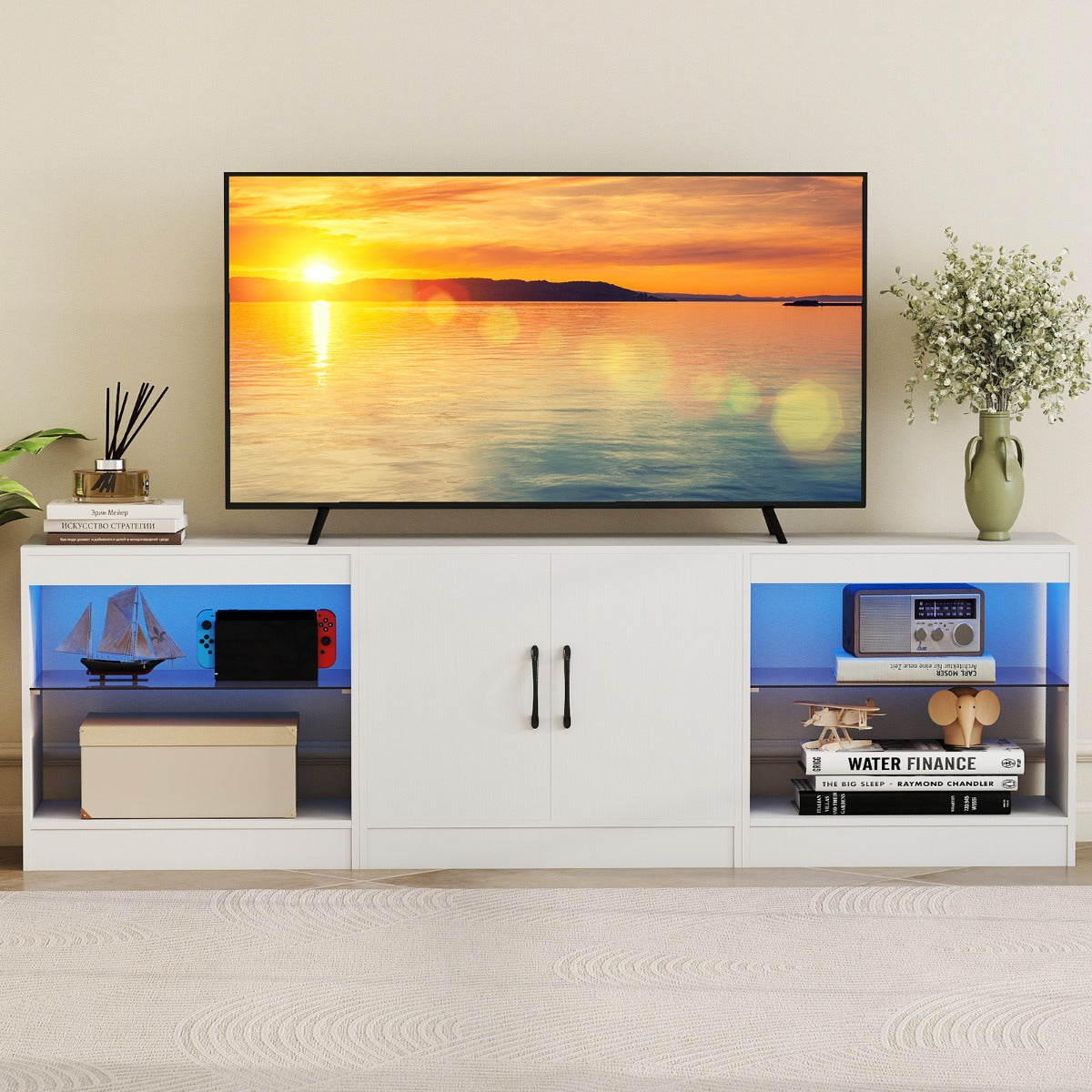 i – TV Skåp för upp till Tum Lowboard med LED Belysning och Justerbart Glas Hylla – 3 1 85 – Vit