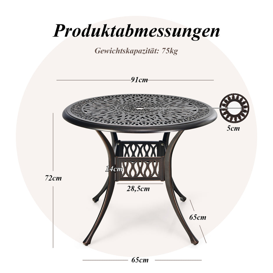 Trädgårdsbord – med parasollhål runt balkongbord i aluminiumgjutning väderbeständigt terrassbord för – Ø 90 cm 90 x 90 x 72 cm – Kopparröd