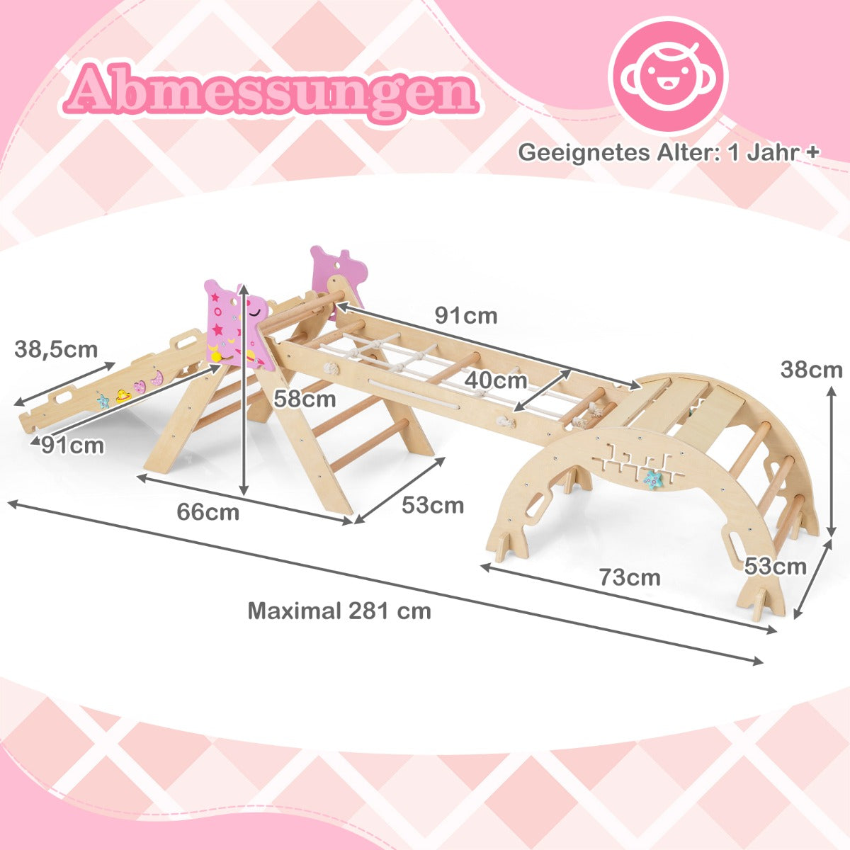 Pack – i Klettergerüst med Rutsche och Kletterbåge Nät Klappbares Klettertriangel – 4 9 1 – Natur