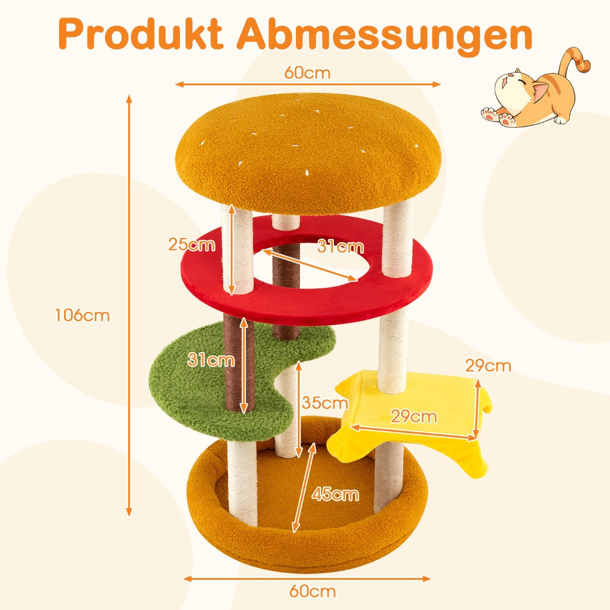 Modern – klätterträd med flera våningar och vadderad utsiktsplattform samt rymlig säng i – 106 cm – Orange