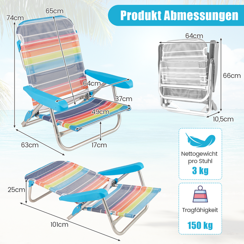 pack – Fällbara Strandstolar med Justerbart Ryggstöd Lätta Campingstolar Fällstolar – 2 – Regnbåge