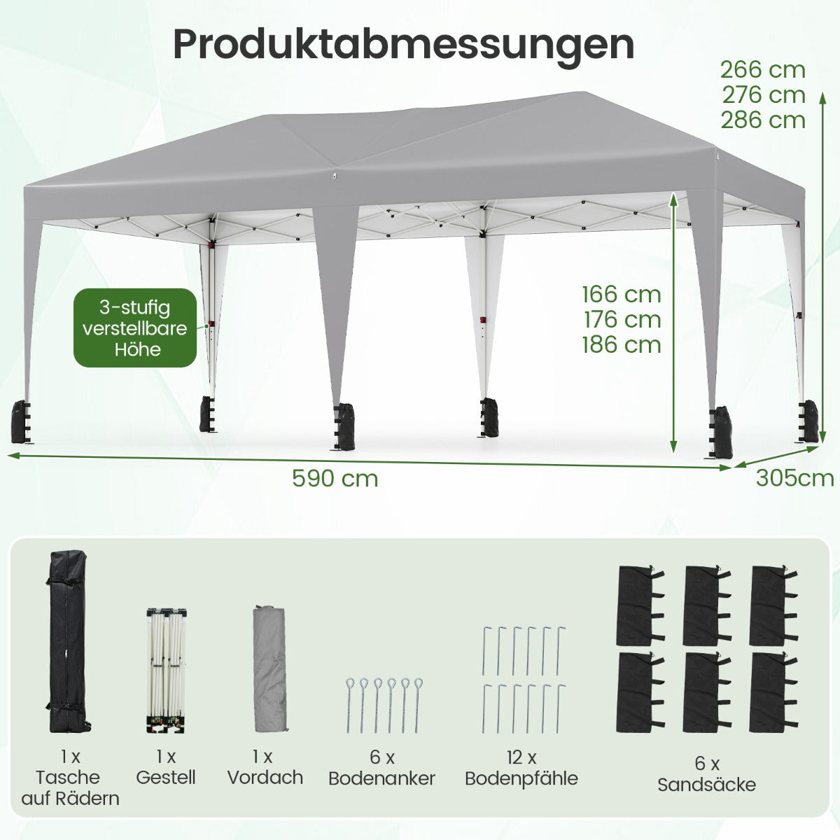 Pop – up Faltpaviljong med bärväska på hjul och UV skydd 50+ partytält – 3 x 6 m – Grå