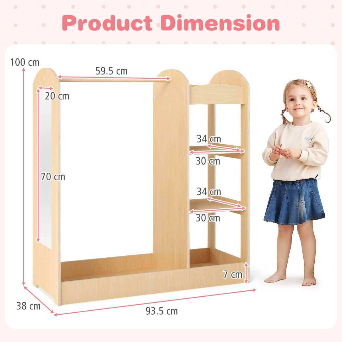 Klädergarderob – för Barn Kostymgarderob med Spegel – 93.5 x 38 x 100 cm – Natur