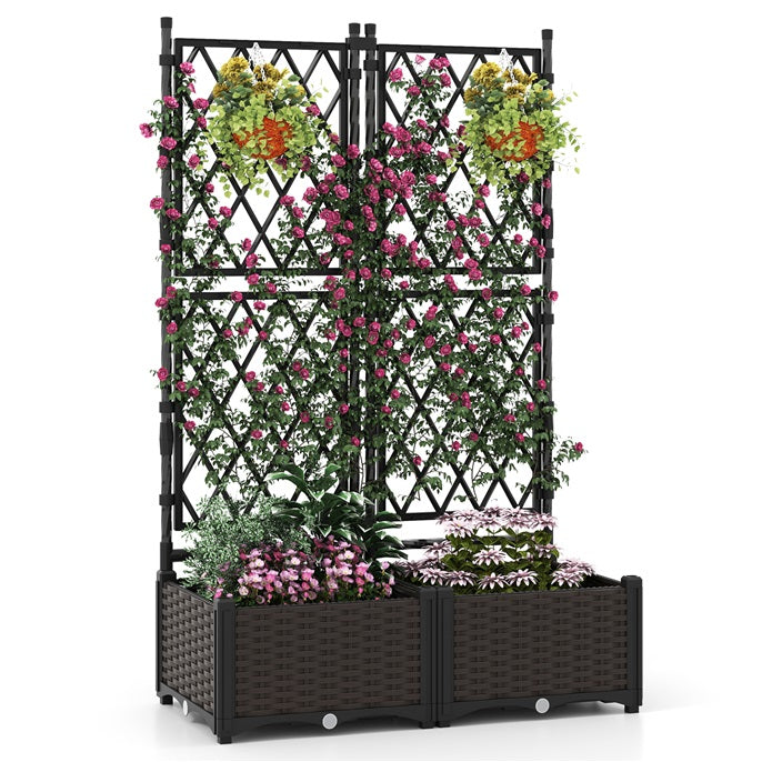Blomlåda – med spaljé Metall planteringslåda för klätterväxter högbädd och självvattning – 80 x 40 x 120 cm – Svart