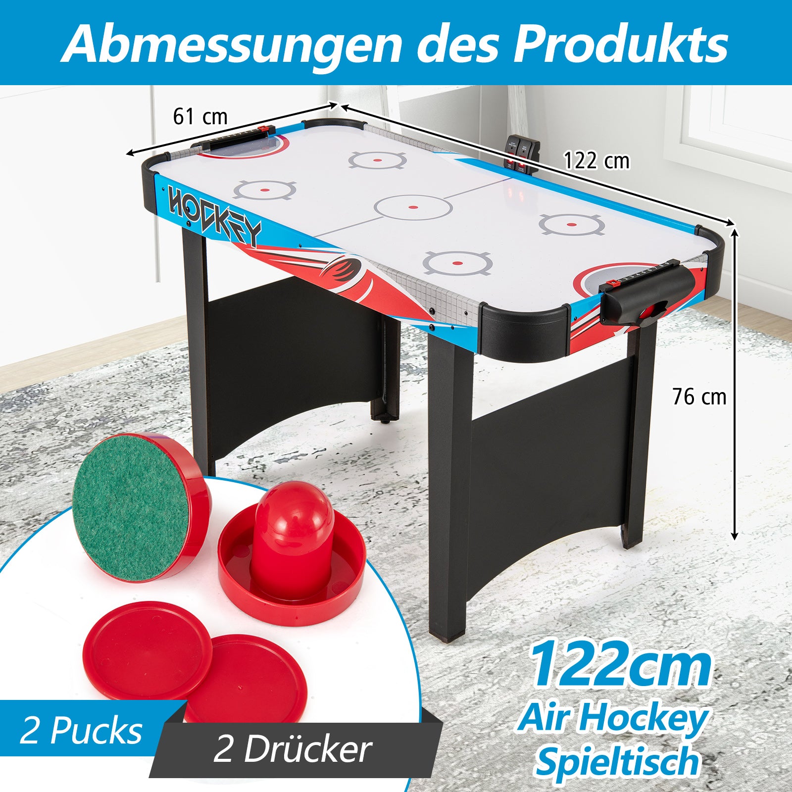 Airhockey – Bord Elektrisk Air med LED anslagstavla Lufthockey – 130 x 61 x 76 cm – Blå
