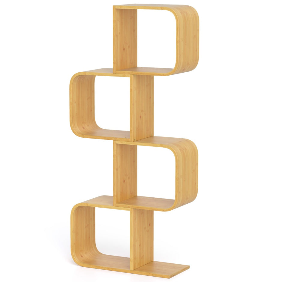 S – formad bokhylla i bambu med nivåer, fristående kubhylla, kontorshylla – 4 61 x 23 x 133,5 cm – Natur