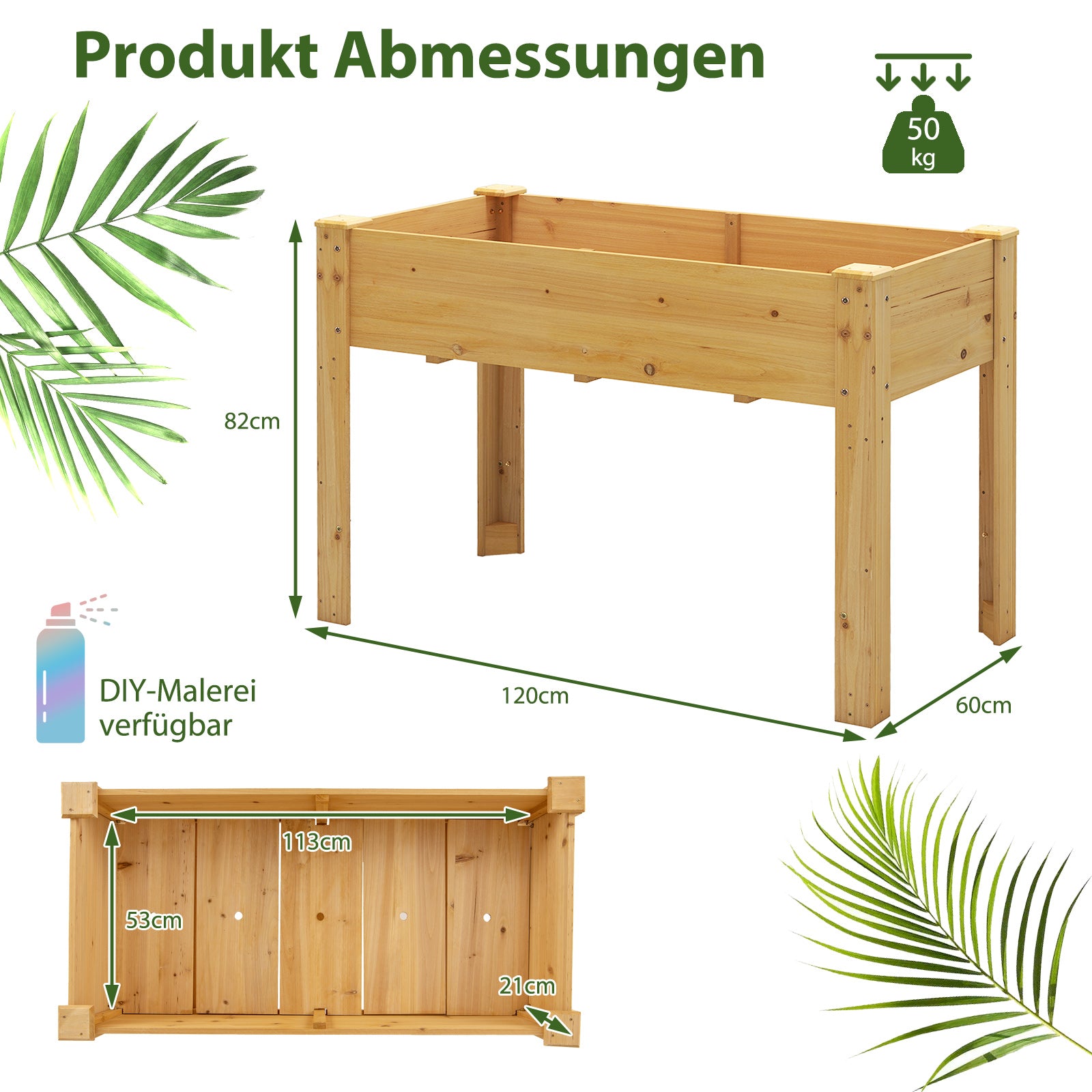 Höjdträdgårdsbädd – i trä, upphöjd planteringslåda med dräneringshål, grönsaksbädd, rektangulär cm, – 120 x 60 x 82 . – Natur