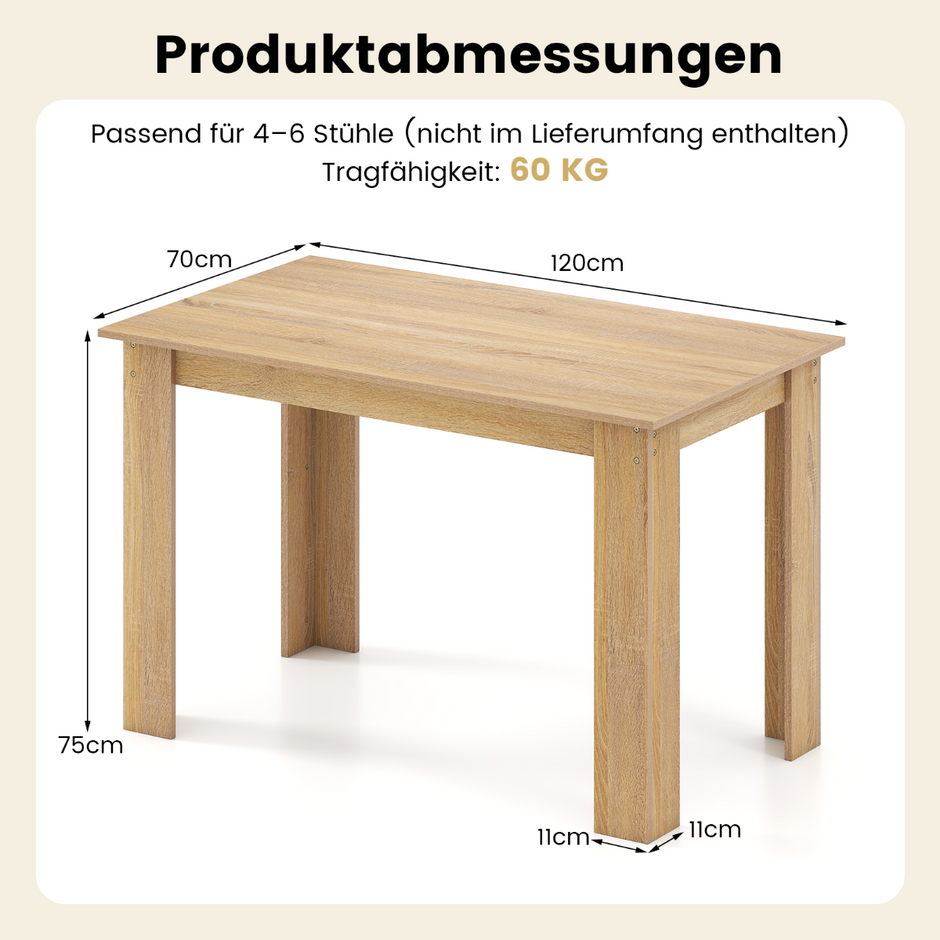 Matbord – för personer trä rektangulärt stort matsalsbord modernt köksbord – 4-6 120 cm – Natur