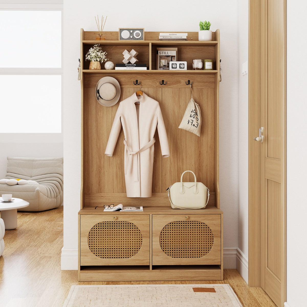 i – garderobsstång Entrébänk med och utdragbara lådor Förvaringsorganiserare i lantlig stil – 4 1 – Natur