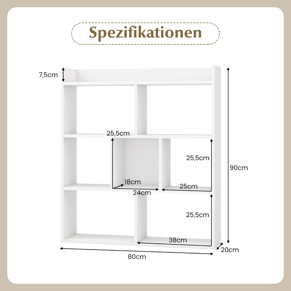 Bokhylla – med kuber och öppen bakvägg horisontell stående trä – 7 80 x 20 x 90 cm – Vit