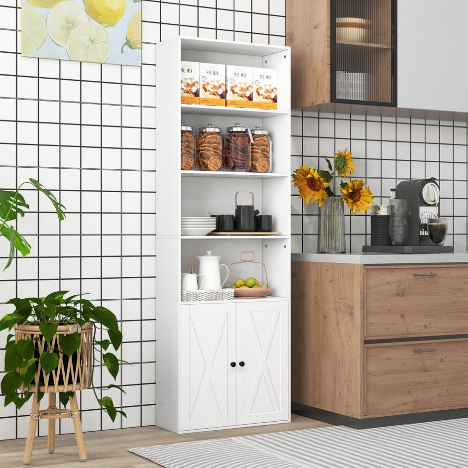 Hög – bokhylla i lantlig stil med luckor Mångsidigt förvaringsskåp – 180 cm – Vit