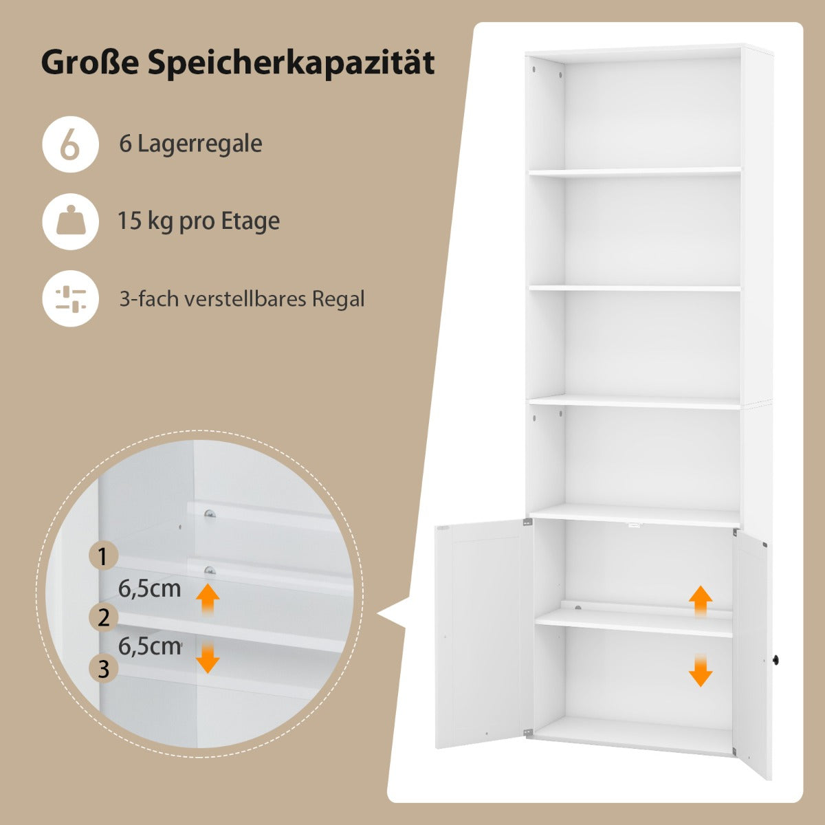 Hög – bokhylla i lantlig stil med luckor Mångsidigt förvaringsskåp – 180 cm – Vit