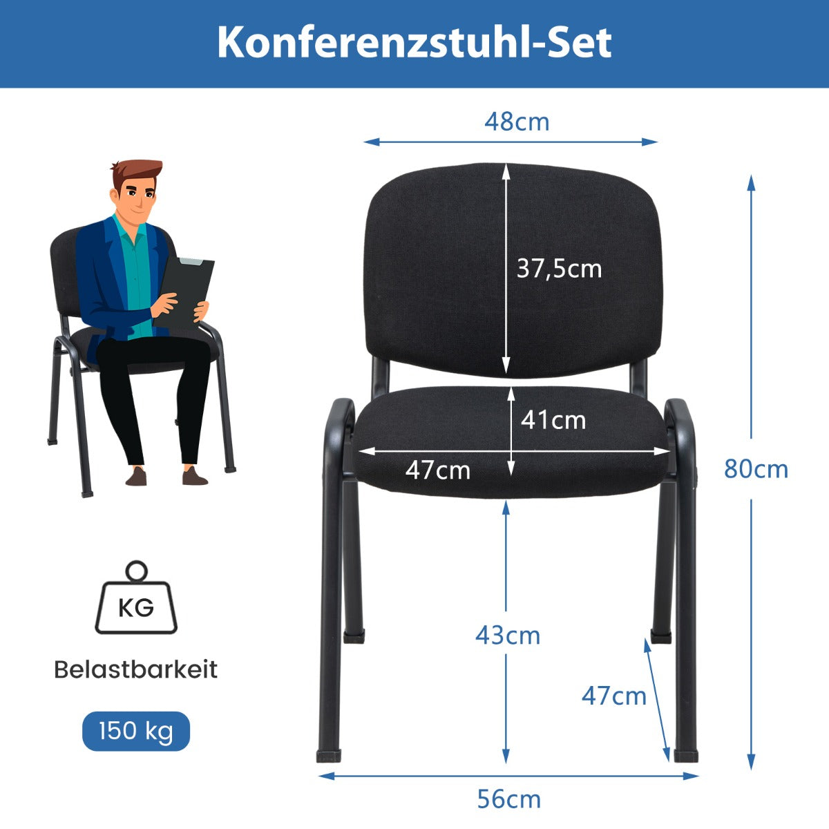 Set – med konferensstolar Stapelbara besöksstolar utan armstöd Armlösa staplingsstolar – 5 – Svart