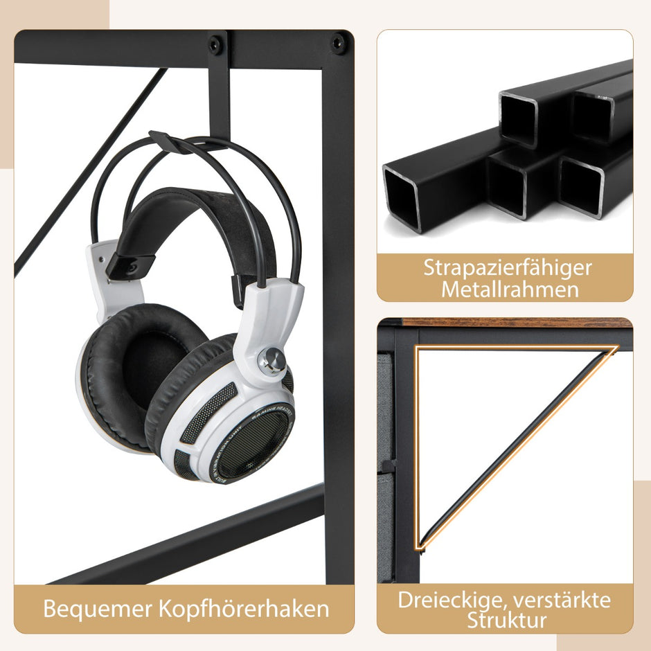 Långt – skrivbord med lådor och hörlurskrok förvaringsfack Datorbord – 2 140 cm – Rustik brun