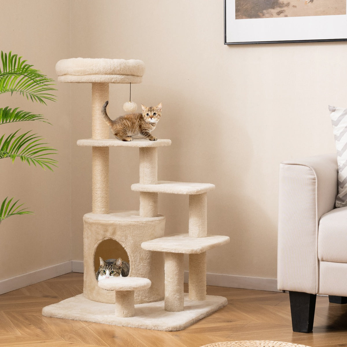 Kratzträd – Trä 102Cm Flerstufigt Katt torn Med Höla Polstrerat Utsiktsplats Sisal Kratzstöd – Beige