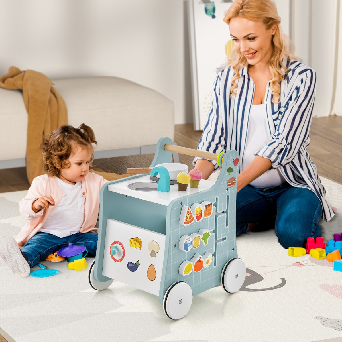 i – Baby Walker i trä med lekkök och lärande klocka formanpassning Blue – 6 1 – Blå