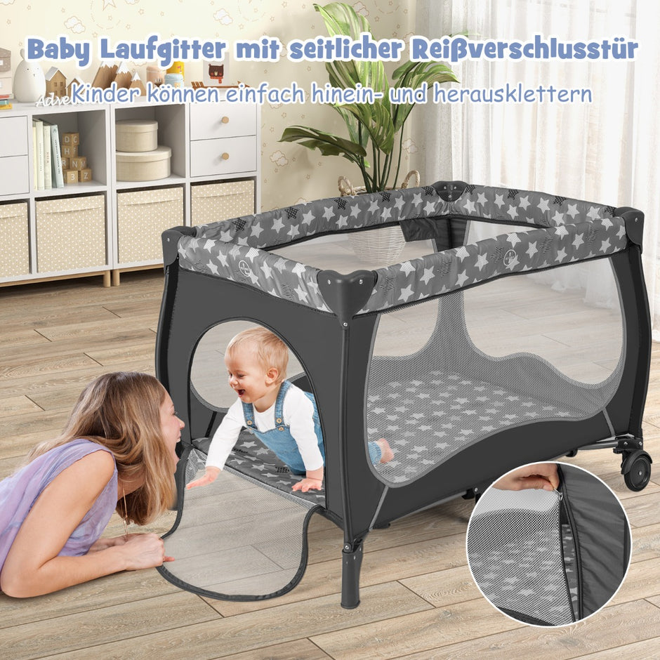 I – babysäng Bärbar spjälsäng Resesäng med hopfällbar madrass – 5 1 102 cm x 72 cm x 74 cm – Mörkgrå