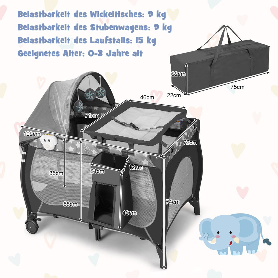 I – babysäng Bärbar spjälsäng Resesäng med hopfällbar madrass – 5 1 102 cm x 72 cm x 74 cm – Mörkgrå