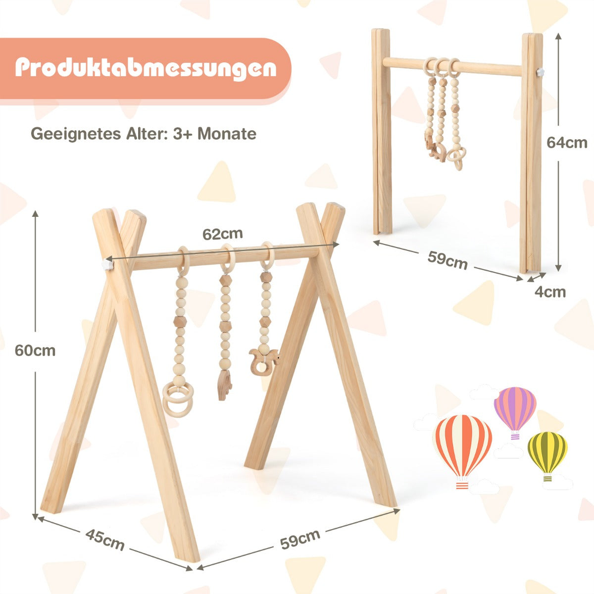 Babygym – Babylekutrustning Lek trapets Lekbåge Träleksaksaktivitetscenter med barnleksaker Natural – 3 – Natur