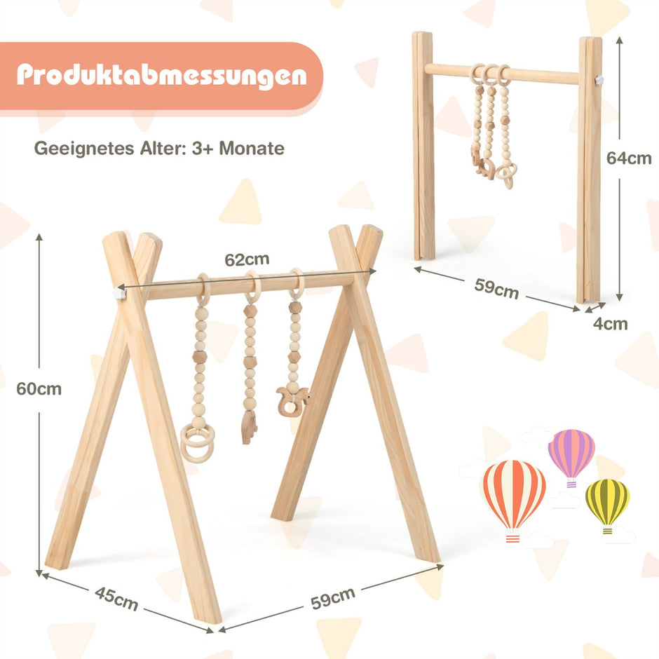 Babygym – Babylekutrustning Lek trapets Lekbåge Träleksaksaktivitetscenter med barnleksaker Natural – 3 – Natur
