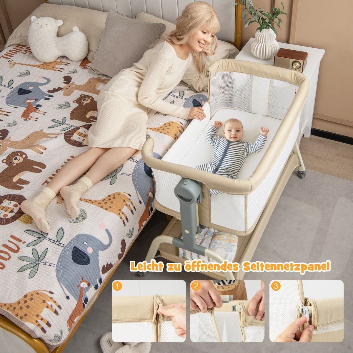 i – mobil babysäng med myggnät och madrass justerbara höjder – 4 1 6 – Beige