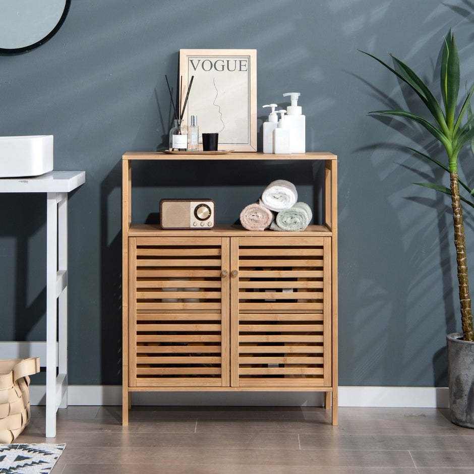 Badrumsskåp – Fristående bambuhylla med öppen – 64 x 27,5 x 80 cm – Natur